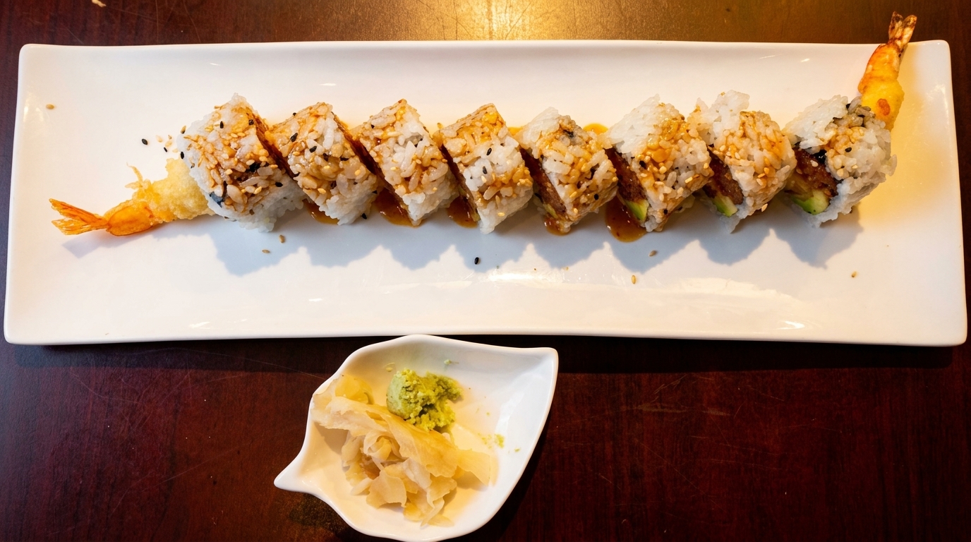 A long white plate holds a shrimp tempura sushi roll with sesame seeds and sauce, with ginger and wasabi.