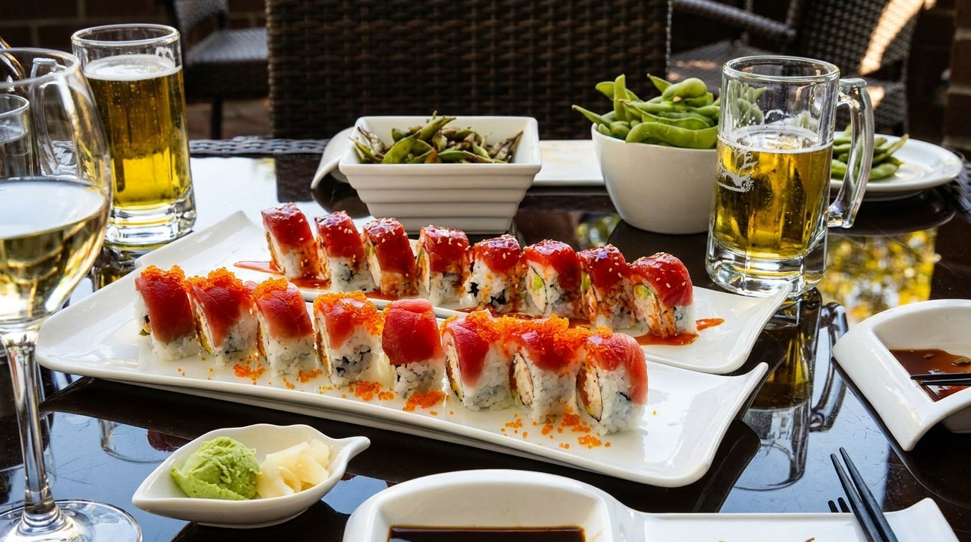 Sushi rolls with tuna and roe, edamame, beer, and wine on a dark table.