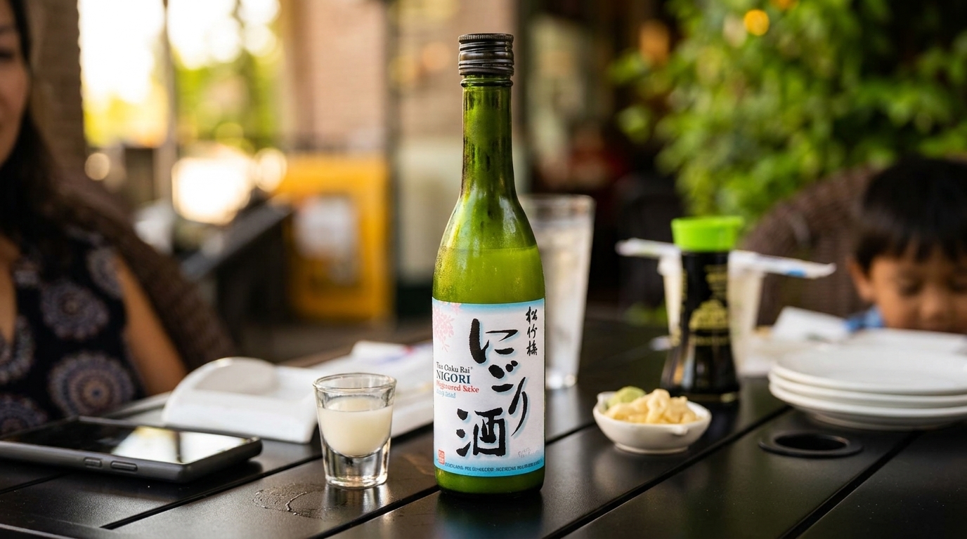 A bottle of nigori sake and a shot glass on a dark table with blurred people in the background.