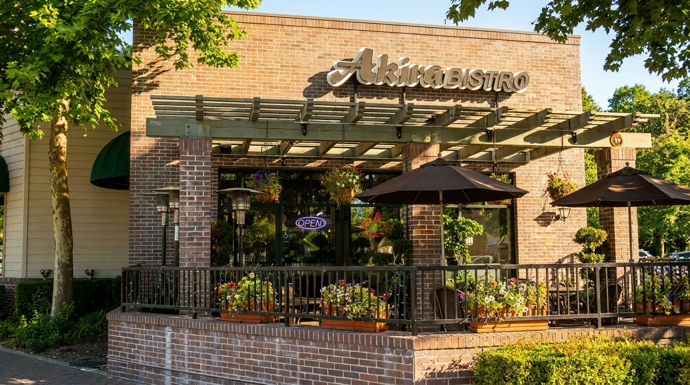 Akira Bistro's brick exterior with an outdoor patio, umbrellas, and flower boxes under a pergola.