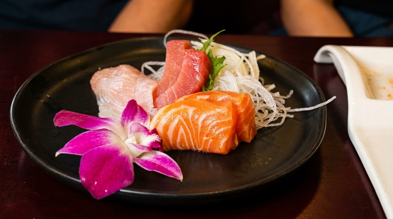 A black plate of sashimi with salmon, tuna, white fish, shredded daikon, and a purple orchid.