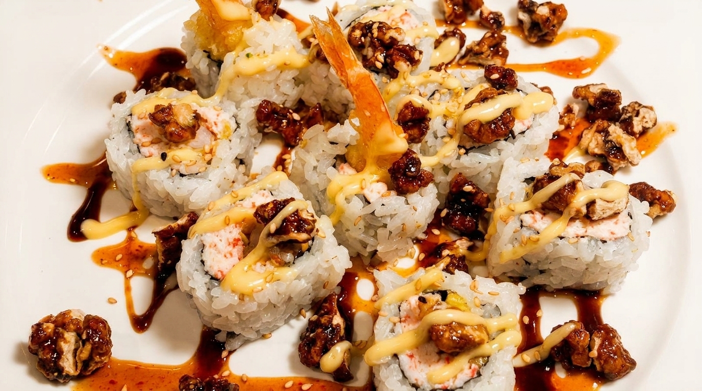 Sushi rolls with shrimp tempura, crab, creamy sauce, and candied walnuts on a white plate.