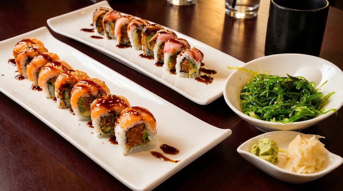 Two plates of sushi rolls with salmon and tuna, seaweed salad, wasabi, and ginger on a table.