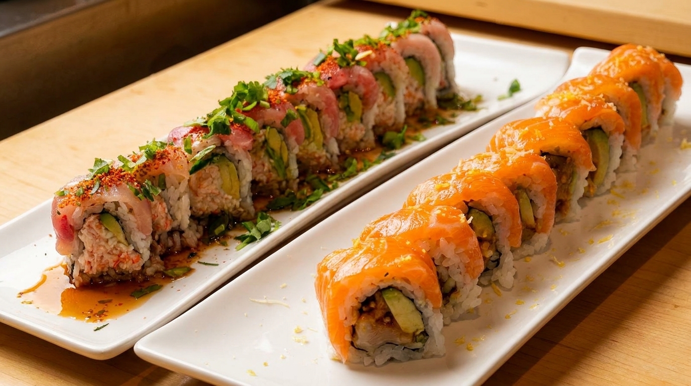 Two plates of sushi rolls, one with salmon and the other with tuna and avocado.