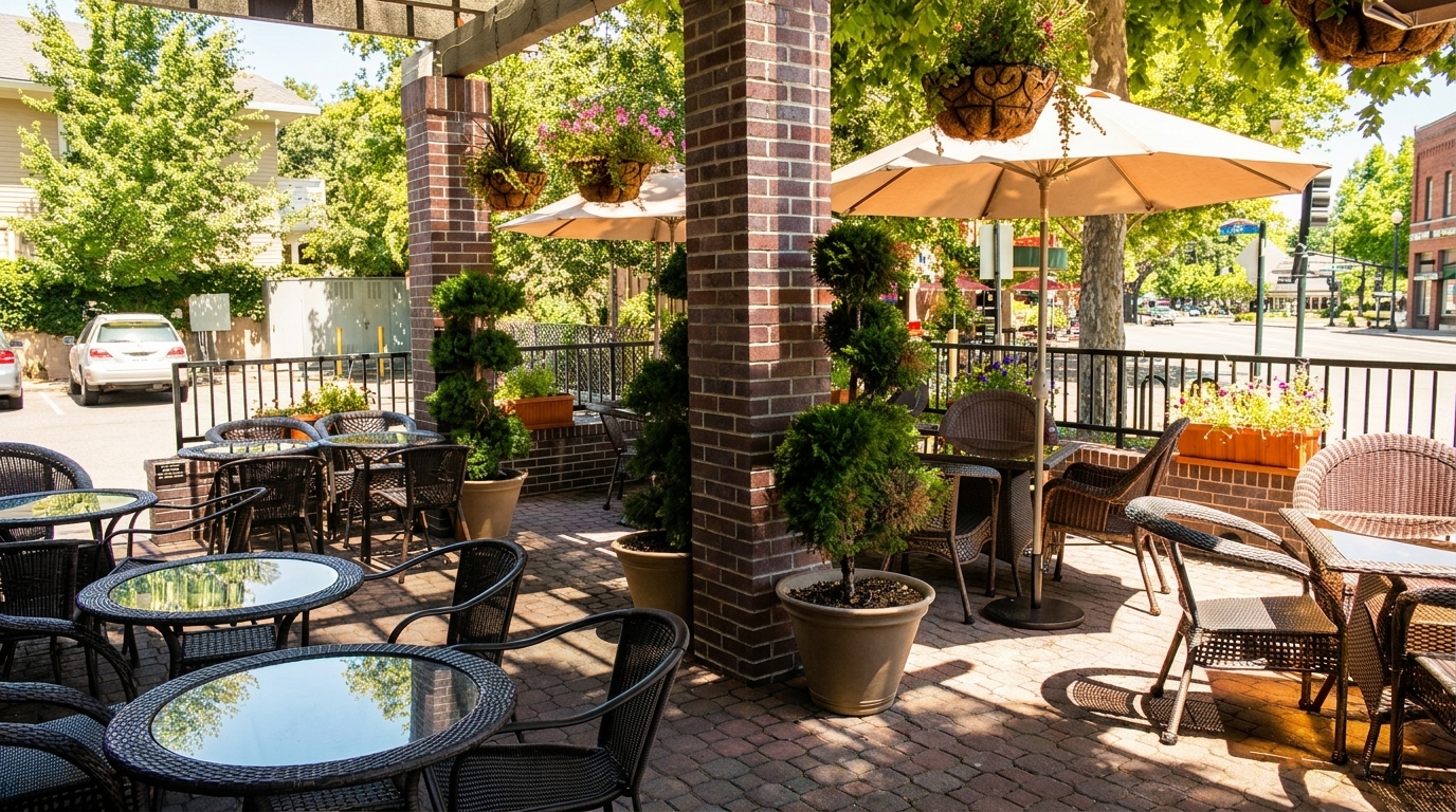 Outdoor patio dining area with wicker tables and chairs, umbrellas, and potted plants on a sunny day.