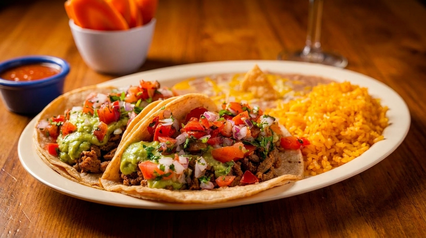 Two tacos with guacamole and pico de gallo, served with rice and beans on a white plate.