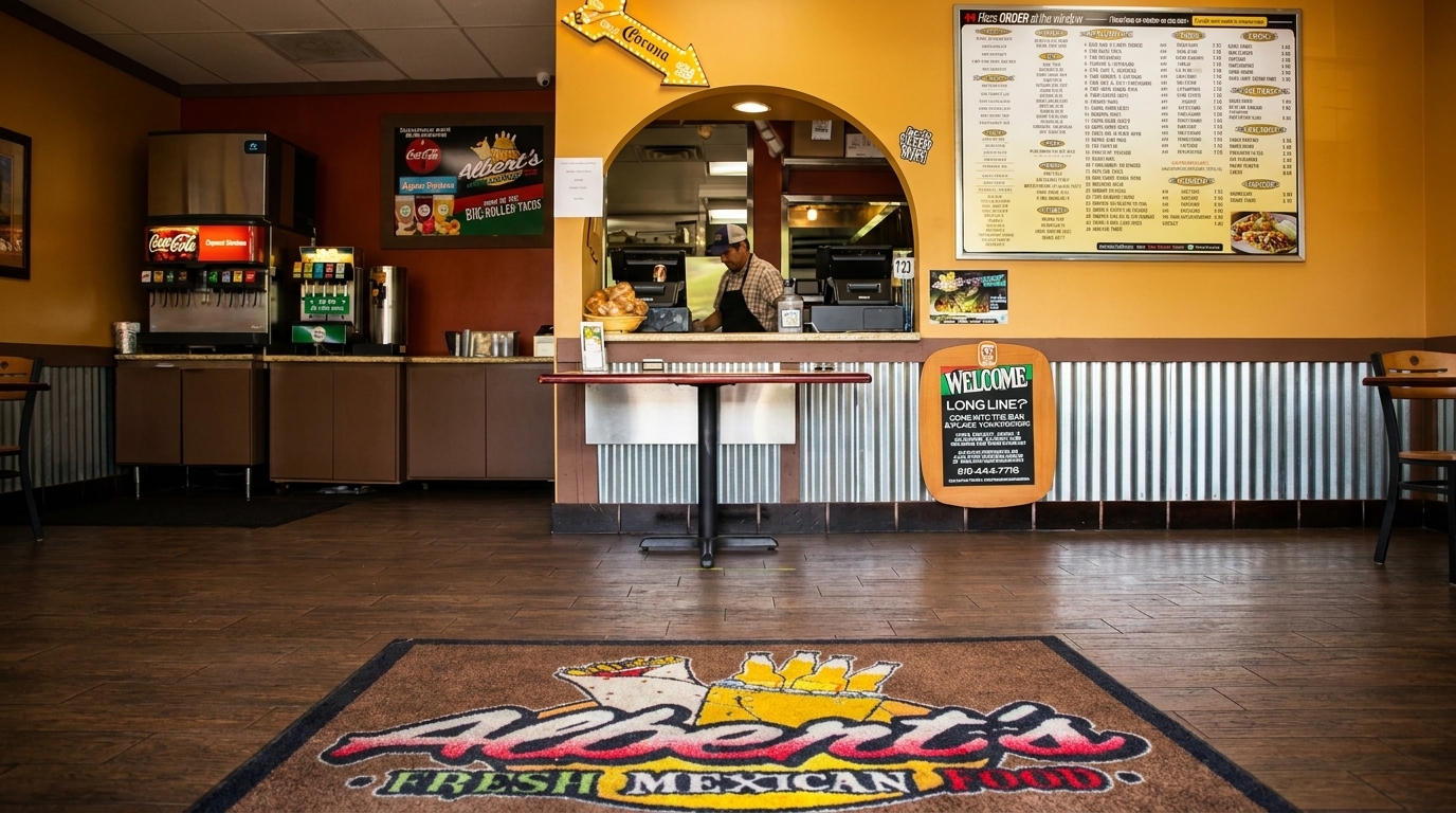 Interior of Albert's Fresh Mexican Food, showing the counter, menu, and soda fountain.