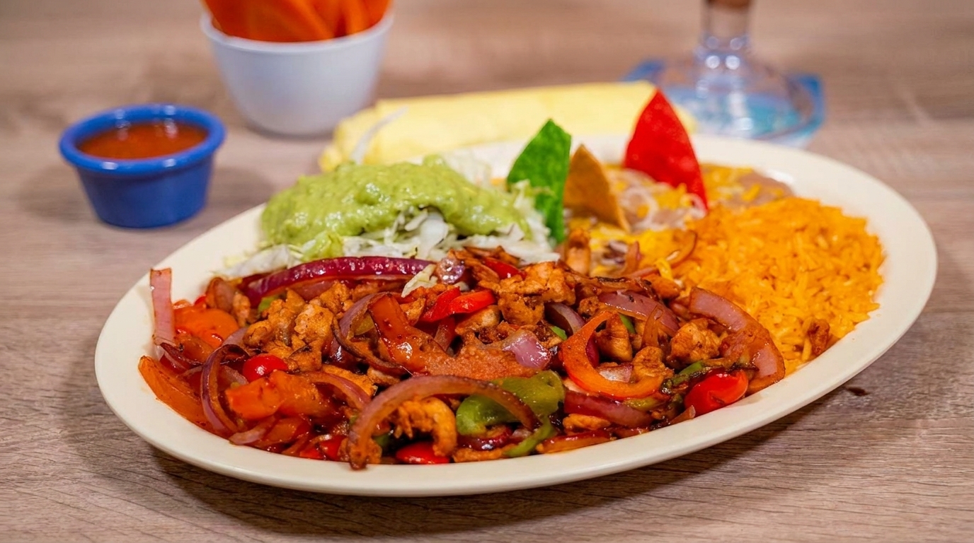 A vibrant plate of chicken fajitas with grilled onions, peppers, rice, beans, guacamole, and tortillas.