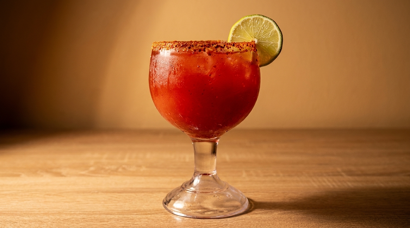 A red michelada cocktail in a goblet glass, rimmed with chili powder and garnished with a lime slice.