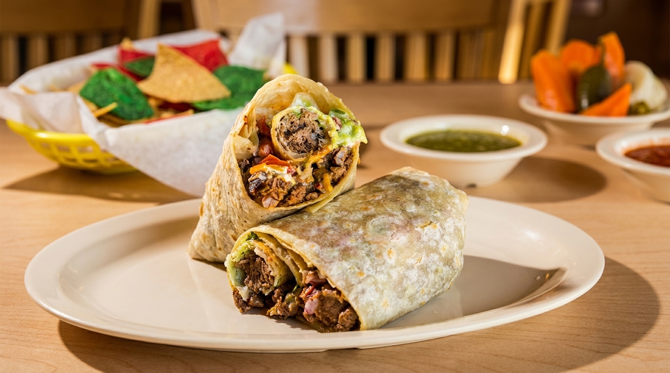Two large burritos, one cut in half, revealing meat, cheese, and guacamole, with chips and salsa.