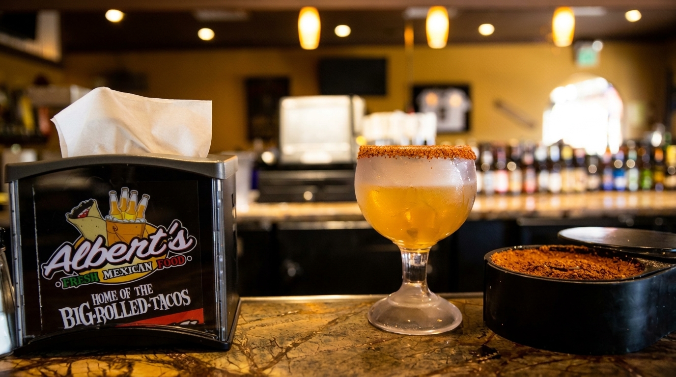 Albert's Fresh Mexican Food napkin dispenser, a drink, and a spice container on a bar.