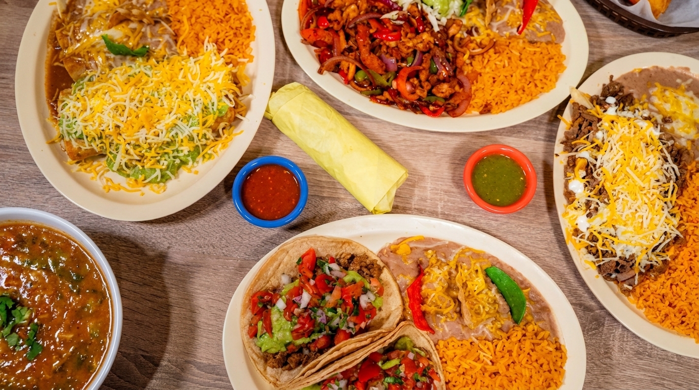 Overhead view of multiple plates of Mexican food, including tacos, enchiladas, rice, and beans.