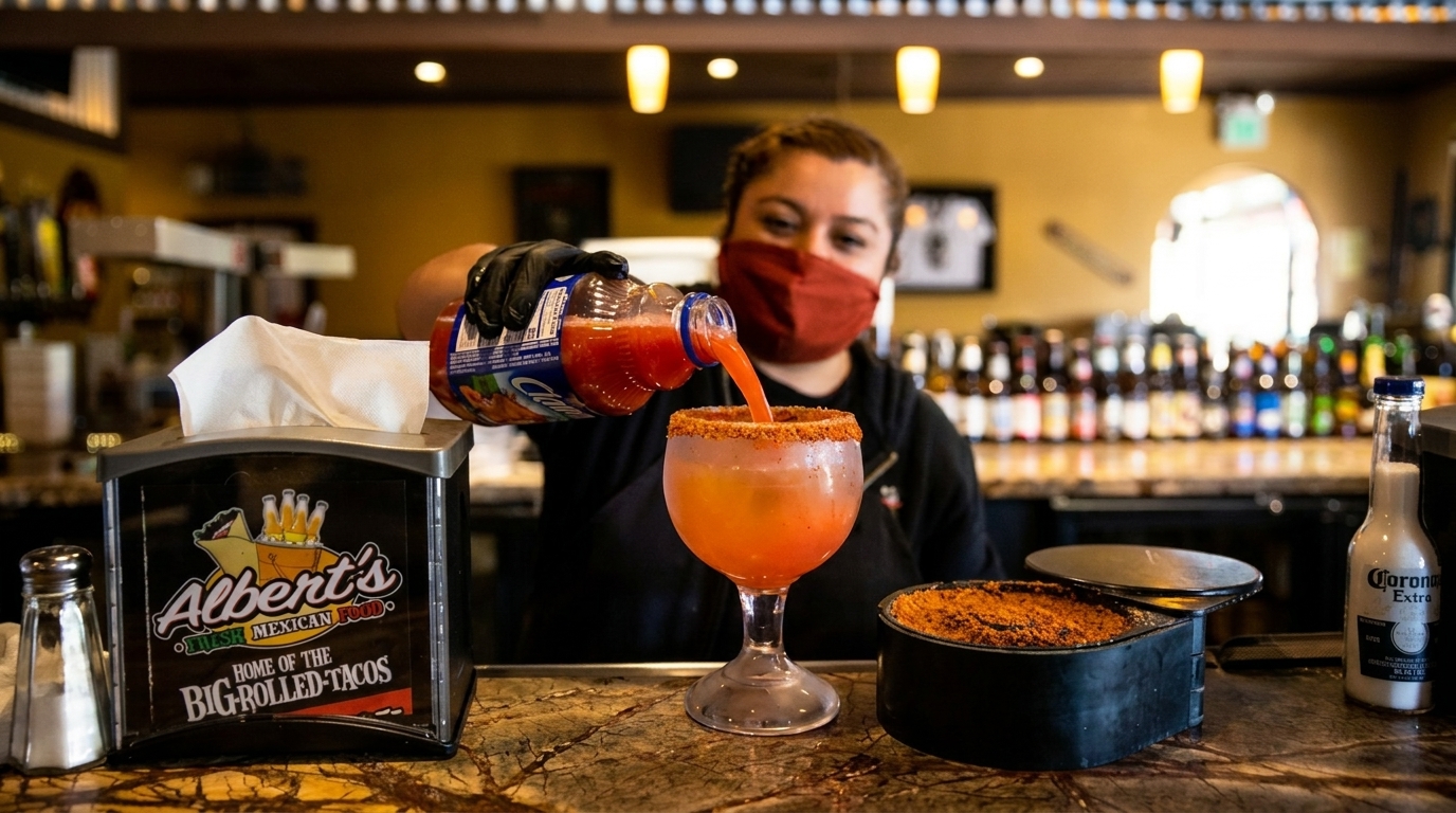 Bartender wearing a mask and gloves pouring a red drink into a large, sugar-rimmed glass.