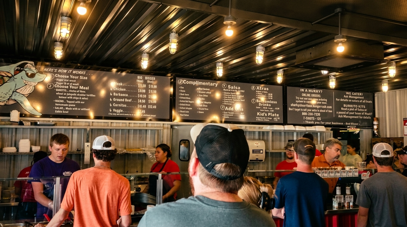 Customers order at a counter under menu boards with bright lights in a casual restaurant.
