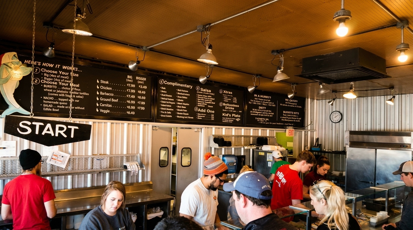 Customers line up at a counter with menu boards overhead in a casual restaurant.