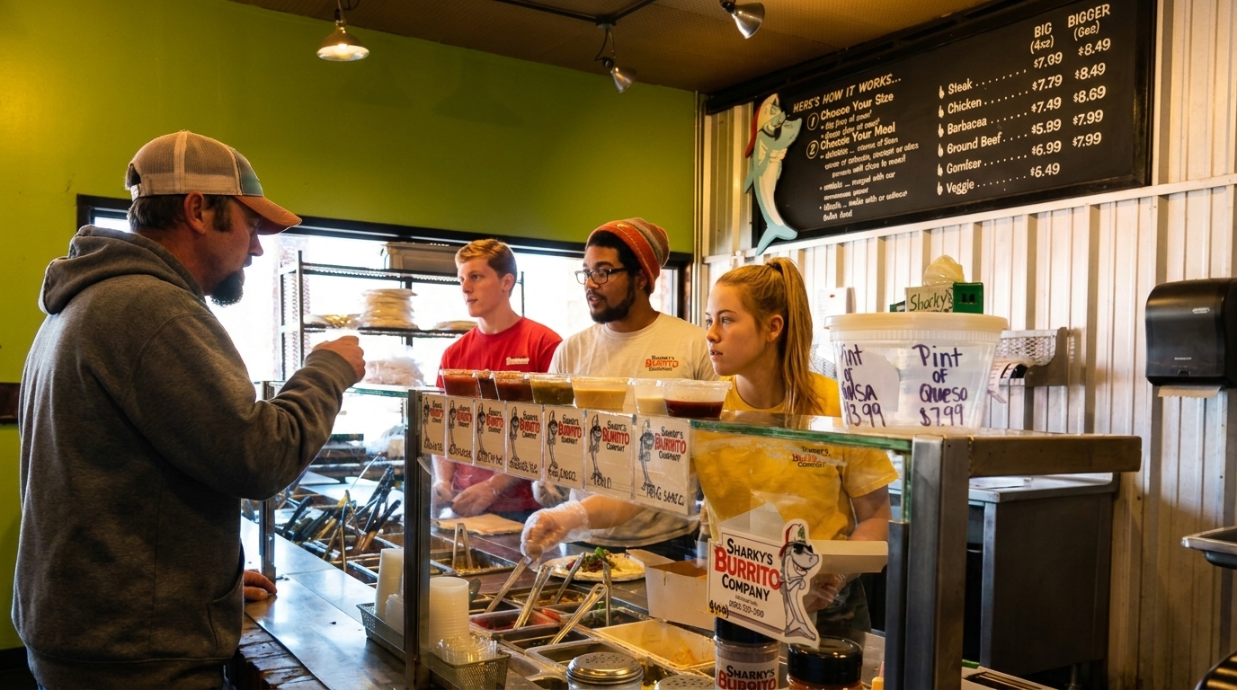 Customer ordering from three Sharky's Burrito Company employees behind a food counter.