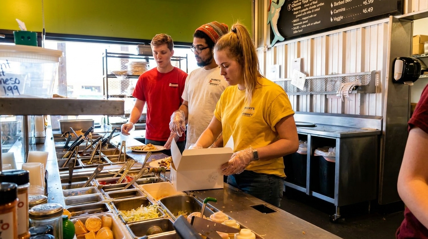 Three restaurant workers in branded shirts prepare food at a service counter with various ingredients.