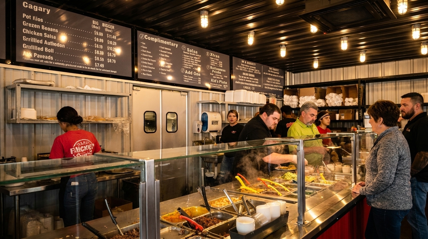 Customers order food from a busy counter with steam rising from hot food trays.