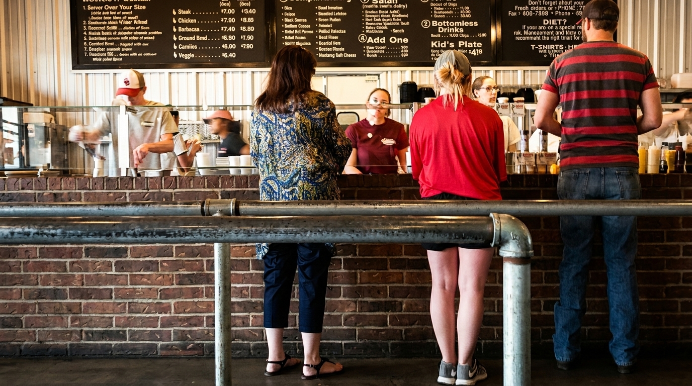 Customers order food from a counter with a brick base and menu boards overhead.