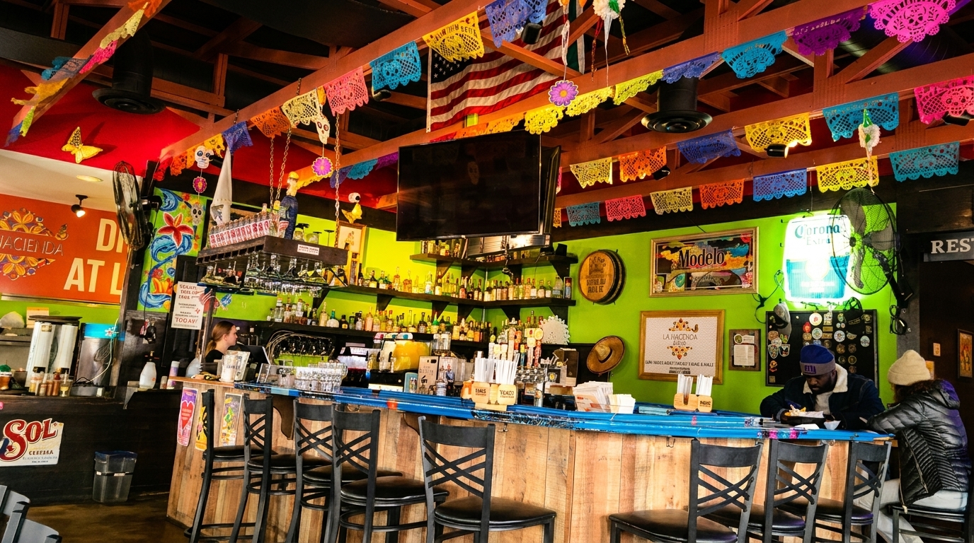 Vibrant Mexican restaurant interior with colorful papel picado, a bar, and patrons enjoying drinks.