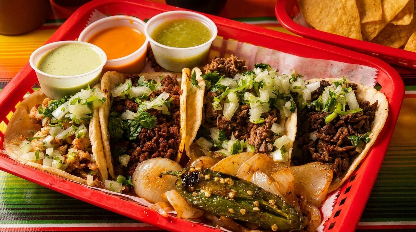 A red basket filled with various tacos, grilled onions, a charred jalapeño, and two dipping sauces.