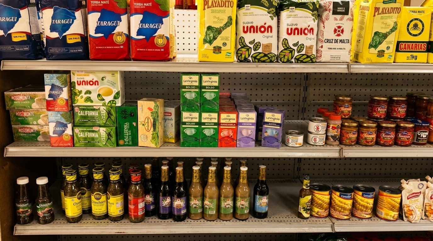 A grocery store shelf filled with various South American food products, including Yerba Mate, sauces, and canned goods.