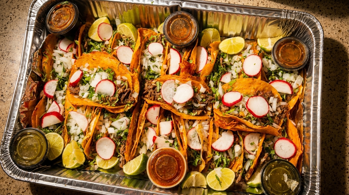 A catering tray filled with birria tacos, garnished with radishes, onions, cilantro, limes, and sauces.