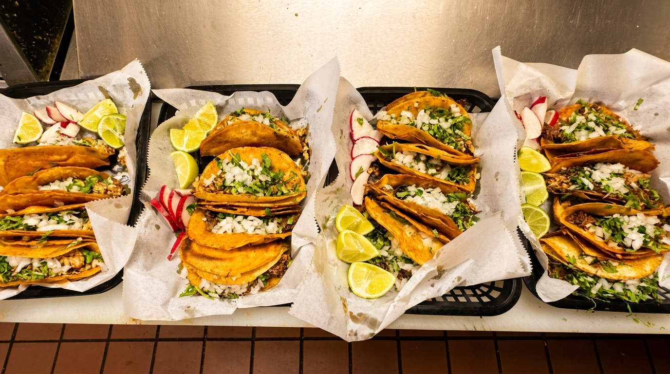 Four baskets of tacos with cilantro, onions, lime wedges, and radish slices on a metal counter.