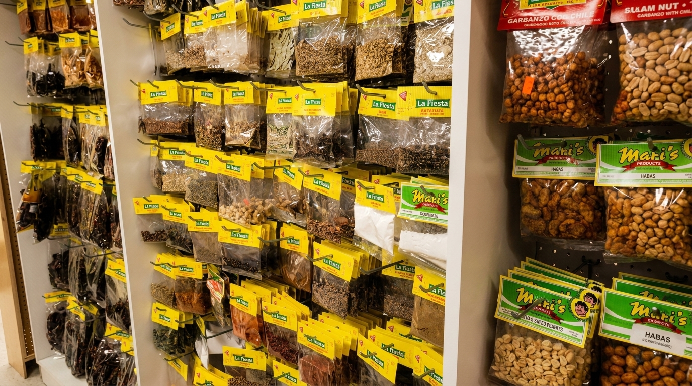 A wall display of various spices, nuts, and dried goods in clear plastic bags.