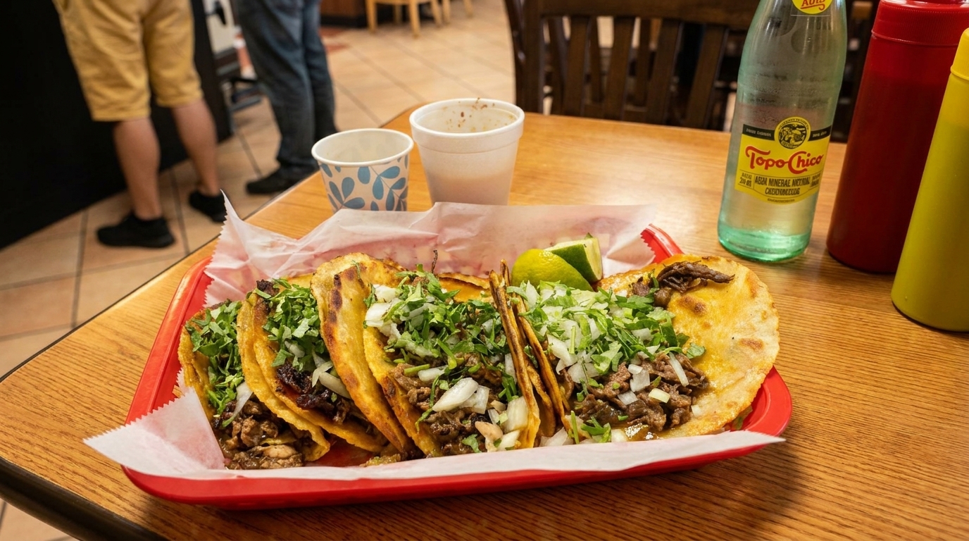 A red tray of five street tacos with meat, onions, and cilantro, with lime, drinks, and condiments.