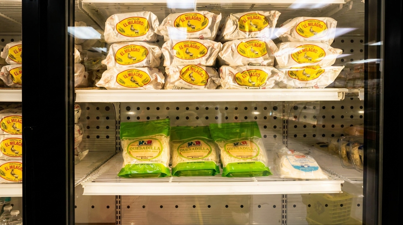 A refrigerated display case filled with packaged El Milagro tortillas and bags of shredded quesadilla cheese.