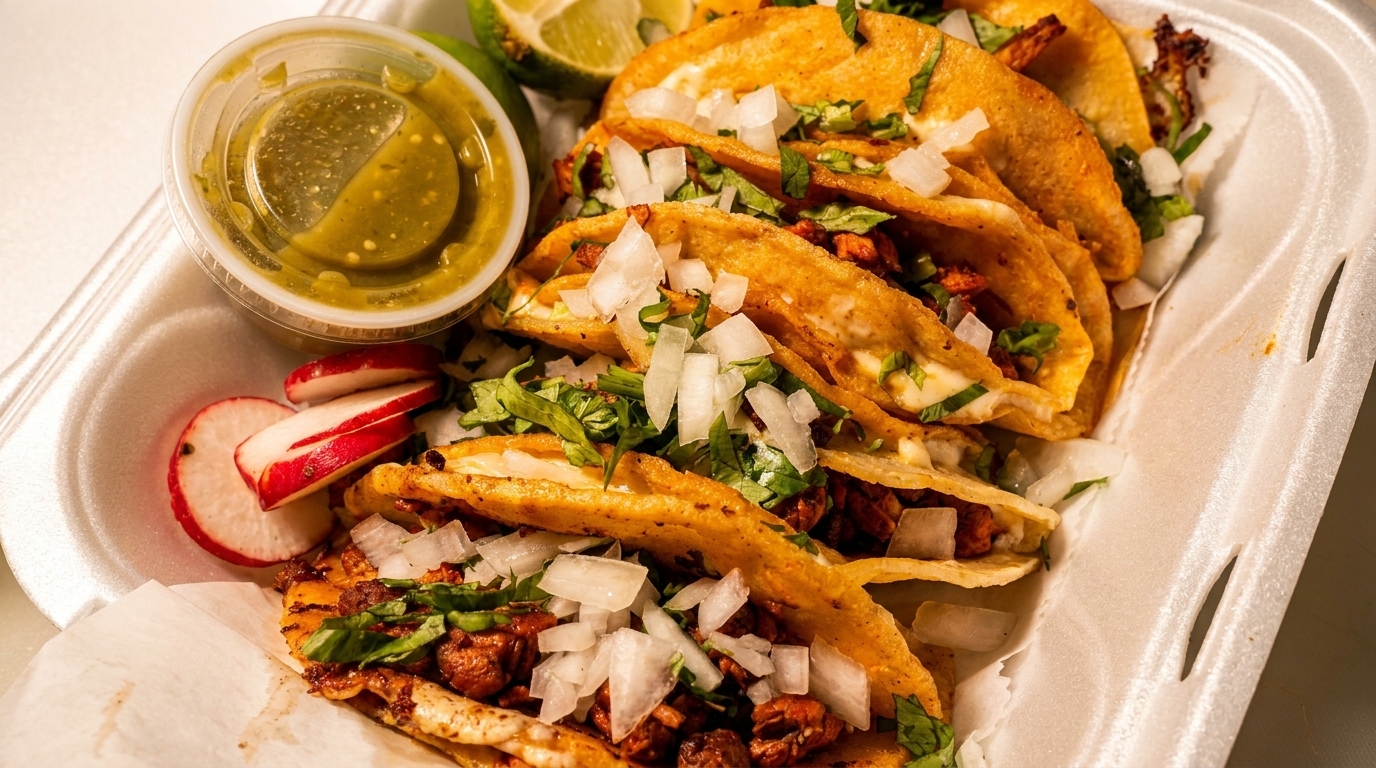 A takeout container holds several tacos with meat, onions, cilantro, lime, radishes, and green salsa.