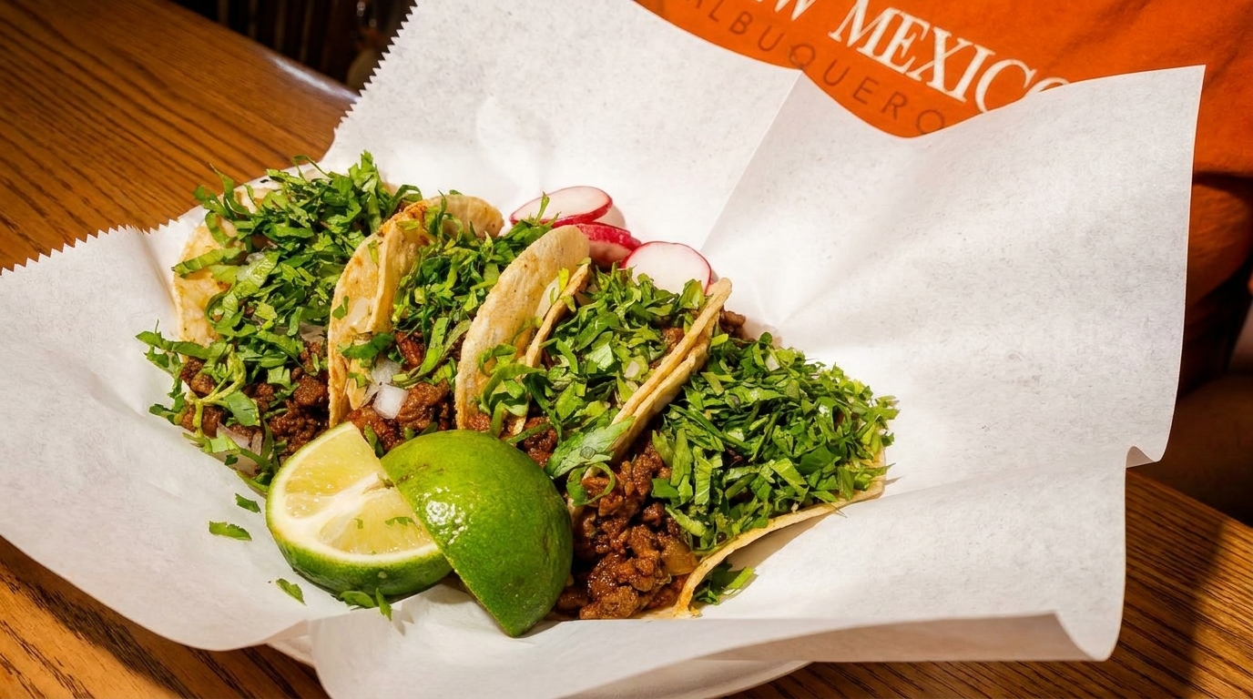Three street tacos with meat, cilantro, onions, radishes, and lime wedges in a paper-lined basket.
