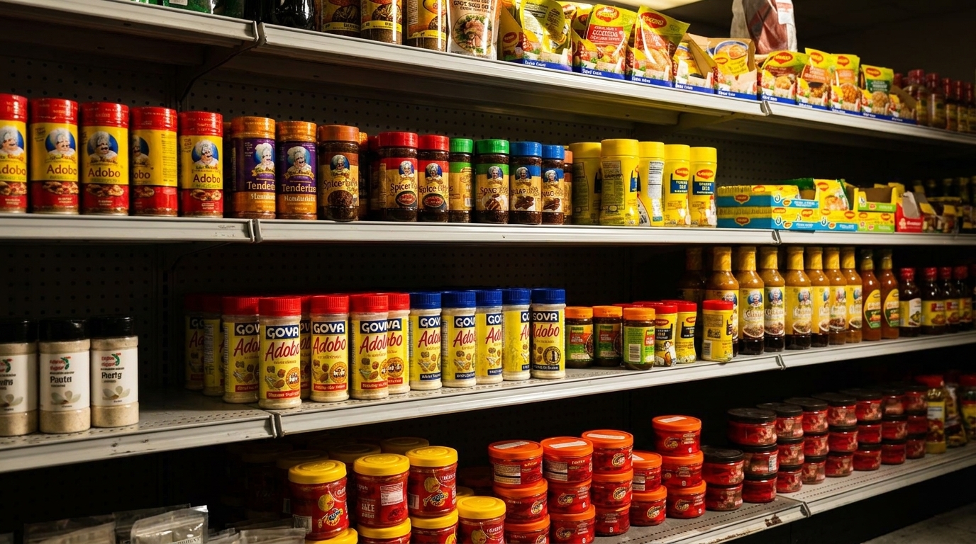Shelves in a grocery store are stocked with various Goya brand spices, sauces, and seasonings.