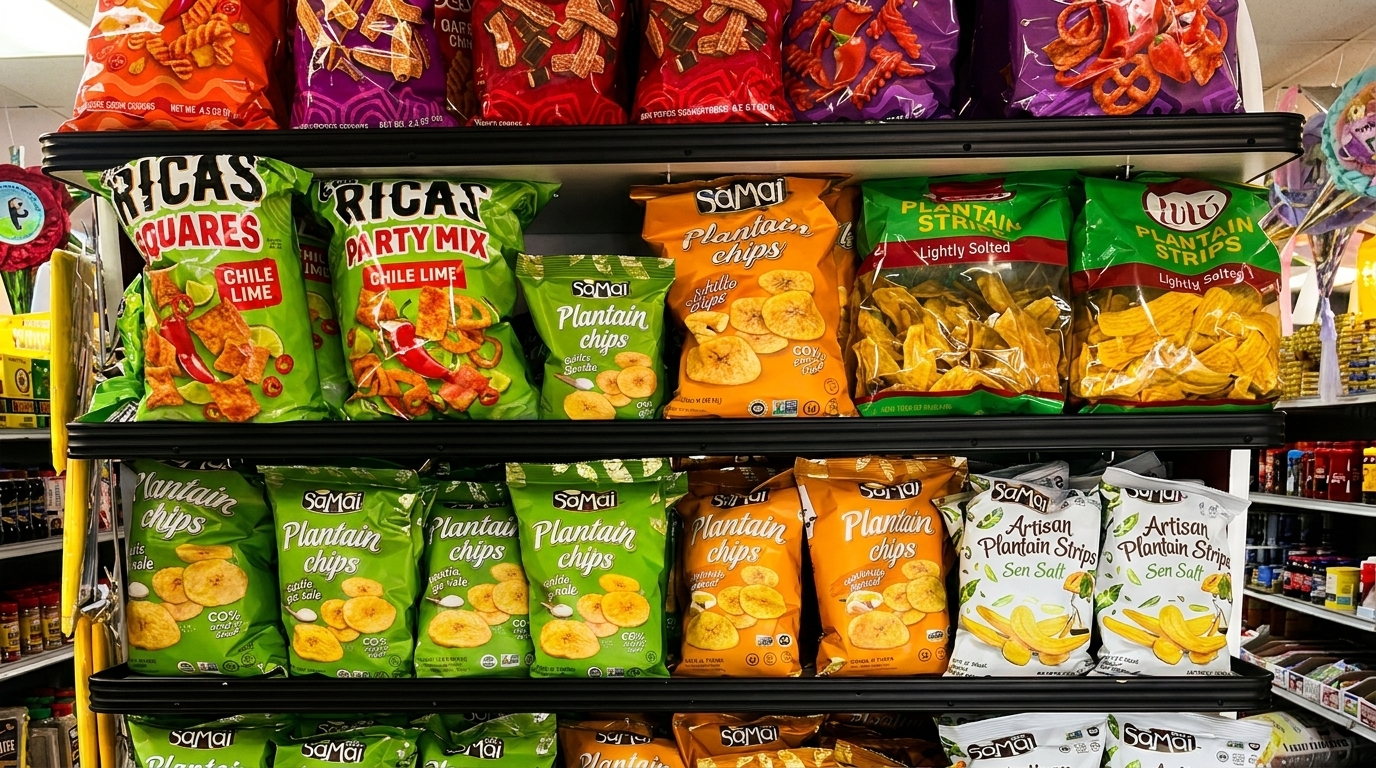 A grocery store shelf displays various brands of plantain chips and chili lime snacks.