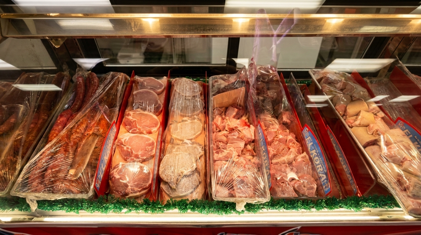 Butcher shop display case filled with various cuts of meat and sausages wrapped in plastic.