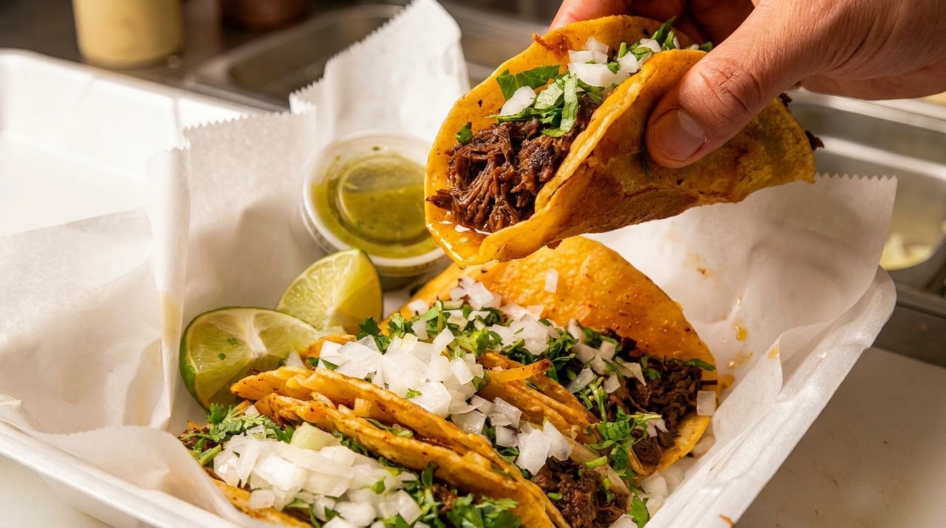 A hand holds up a birria taco over a tray of other tacos, limes, and green salsa.