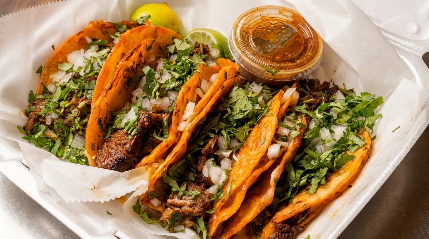 Six birria tacos with cilantro, diced onions, lime wedges, and a side of consommé.