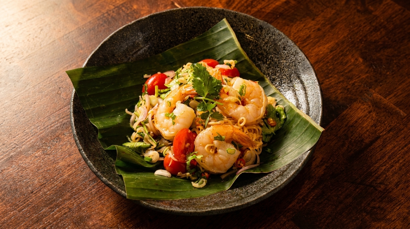 Spicy shrimp salad with noodles, cherry tomatoes, and herbs on a banana leaf in a dark bowl.