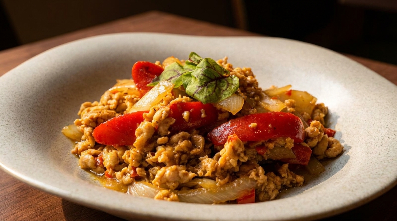 Close-up of a dish with ground meat, red peppers, onions, and green garnish in a light bowl.