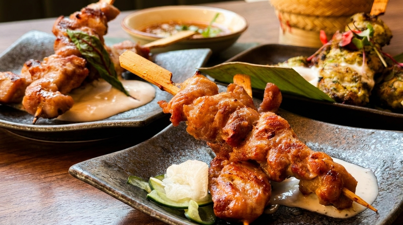 Grilled chicken skewers with sauce and fresh garnishes on dark plates, with a dipping sauce in the background.