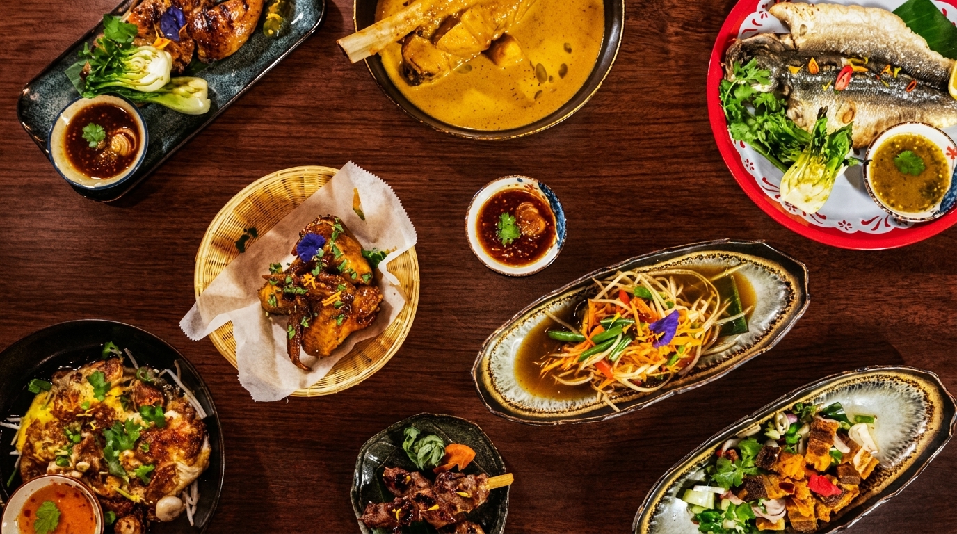 Overhead view of a wooden table laden with various Thai dishes, including fish, curry, and noodles.
