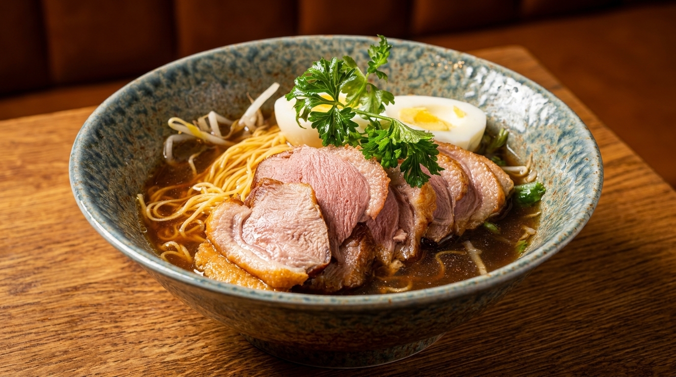 Duck ramen with noodles, broth, sliced duck breast, a hard-boiled egg, and parsley in a blue bowl.