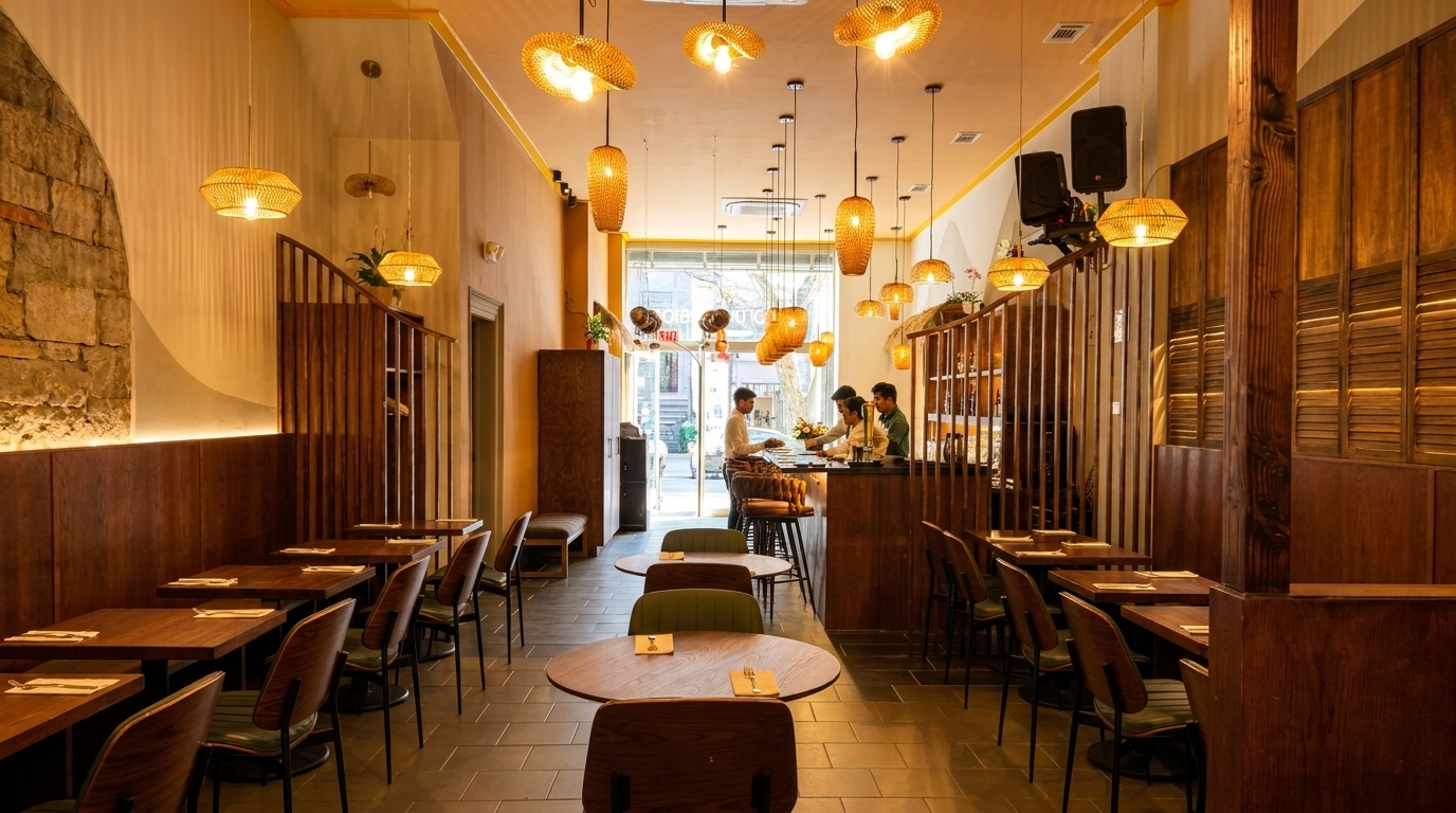 Warmly lit restaurant interior with wooden tables, chairs, and a bar area with staff and customers.