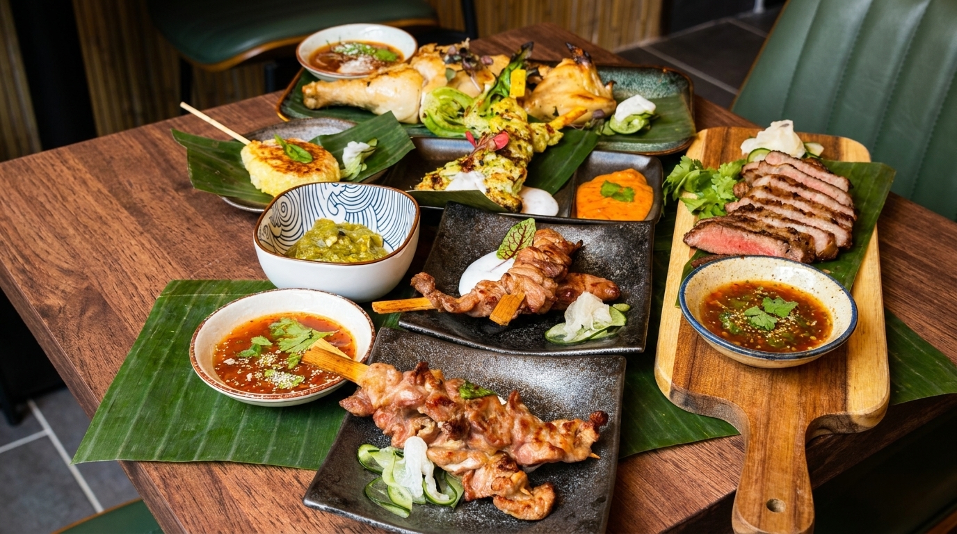 A wooden table laden with various Thai dishes, including grilled meats, skewers, and sauces.