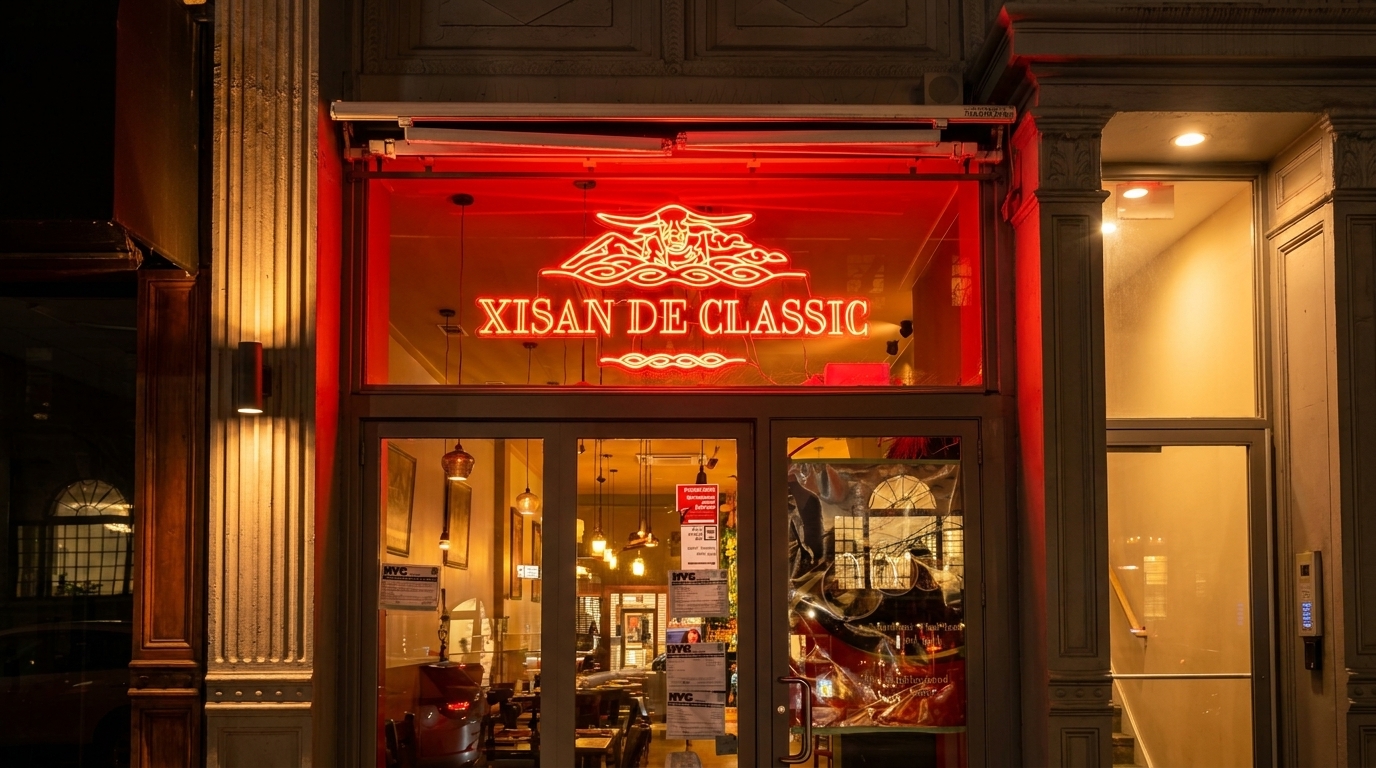 The exterior of Xisan De Classic restaurant at night, with a bright red neon sign above the entrance.