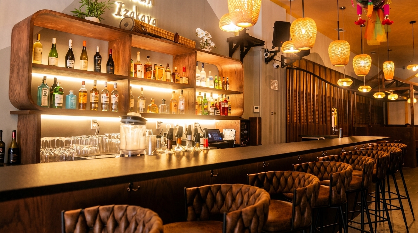 A well-stocked bar with glowing shelves of liquor bottles and brown tufted bar stools.