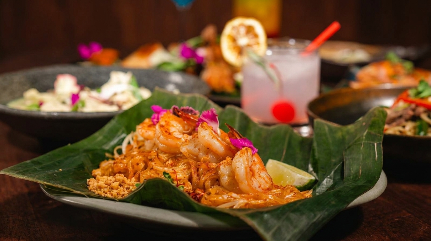 Shrimp pad Thai with lime and peanuts, served on a banana leaf, with cocktails and other dishes.