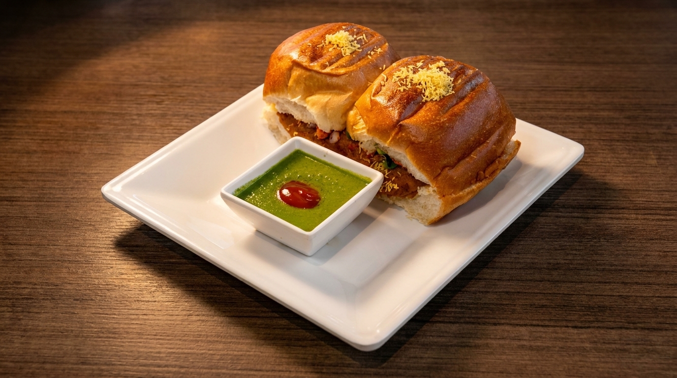Two pav bhaji sliders with green chutney and a dollop of red sauce on a white plate.