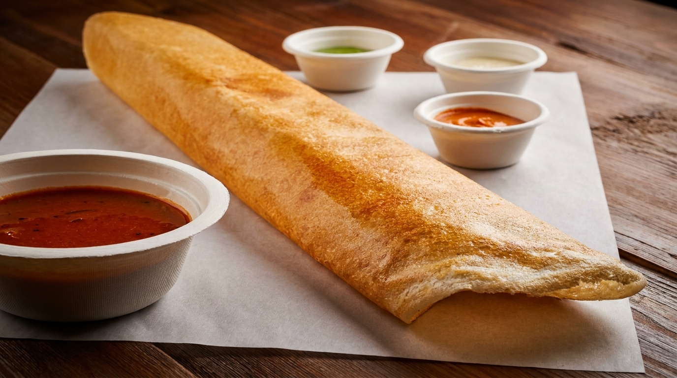 A golden-brown dosa with four small bowls of chutneys and sambar on a wooden table.